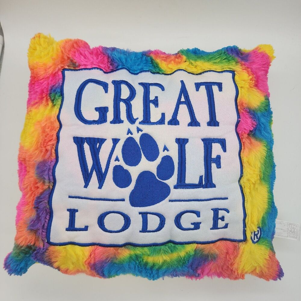 Great Wolf Lodge Plush Throw Pillow Rainbow Tie Dye Yellow Back Decorative 14x14